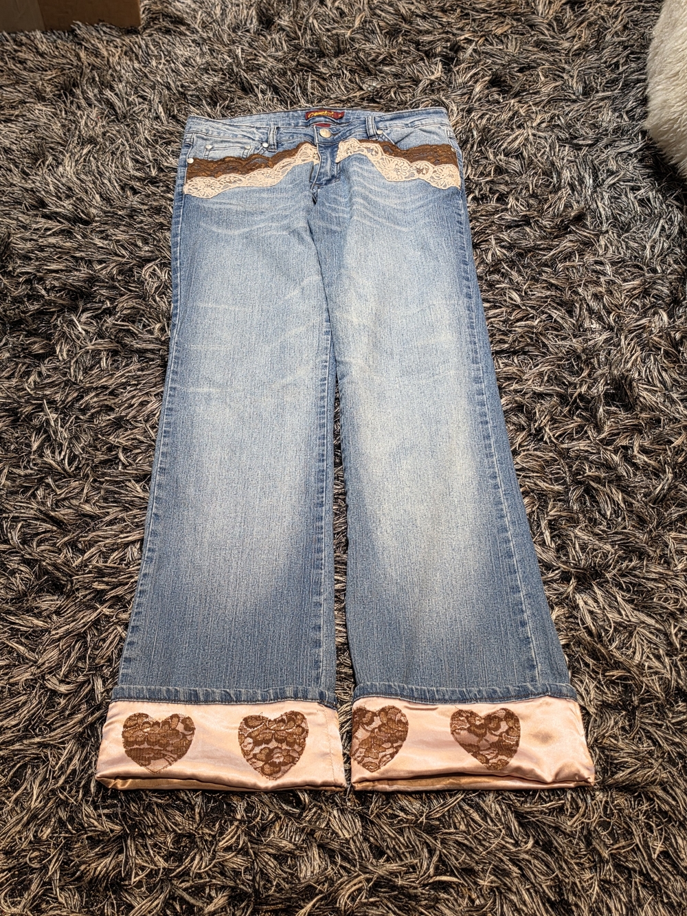 Clarks Light Blue Denim Flare Jeans with Lace Heart Cuffs